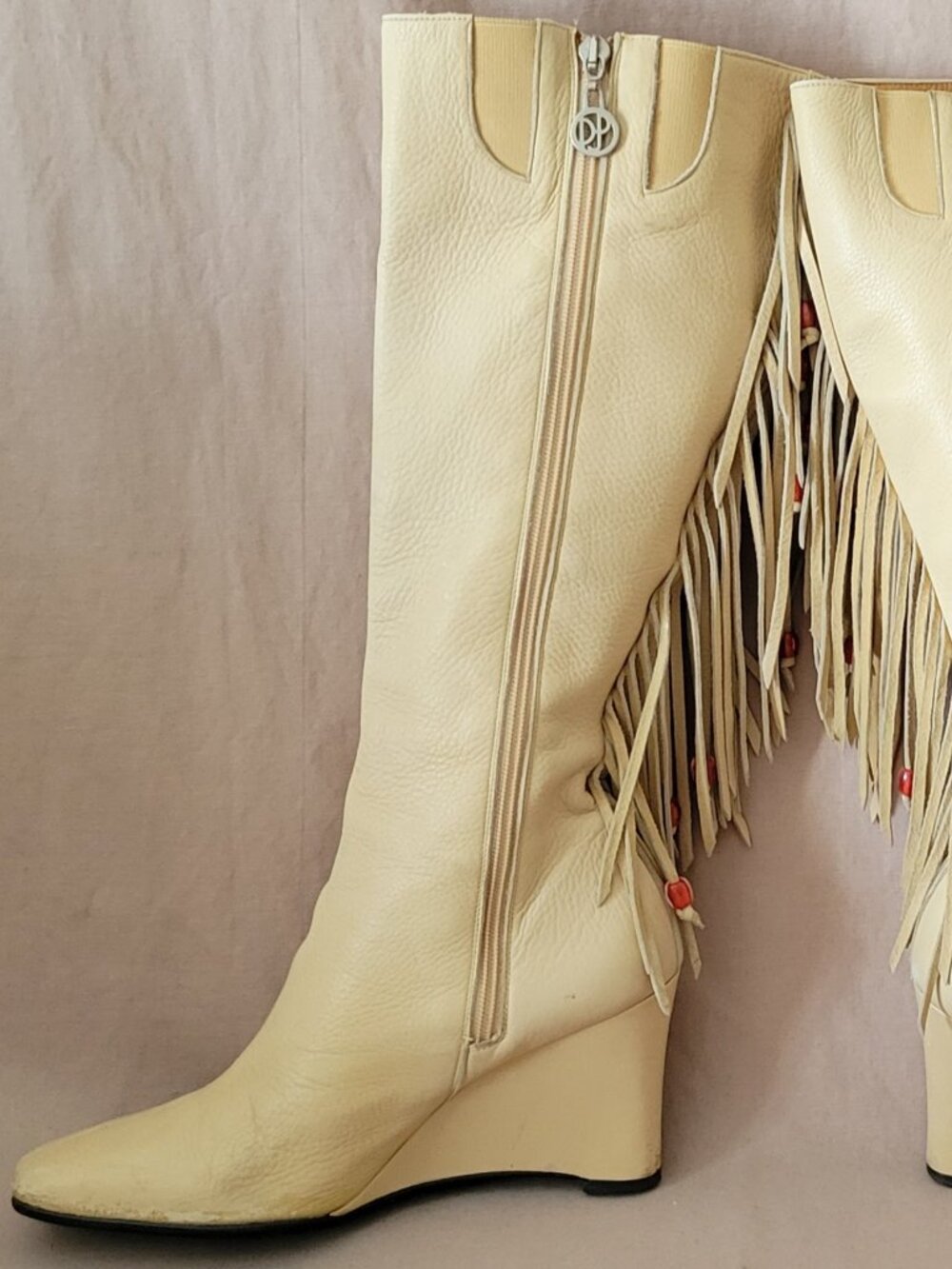 Donald Pliner Womens Leather Knee High Boots Fringe Tan Wedge Vibram Sole 8.5 M